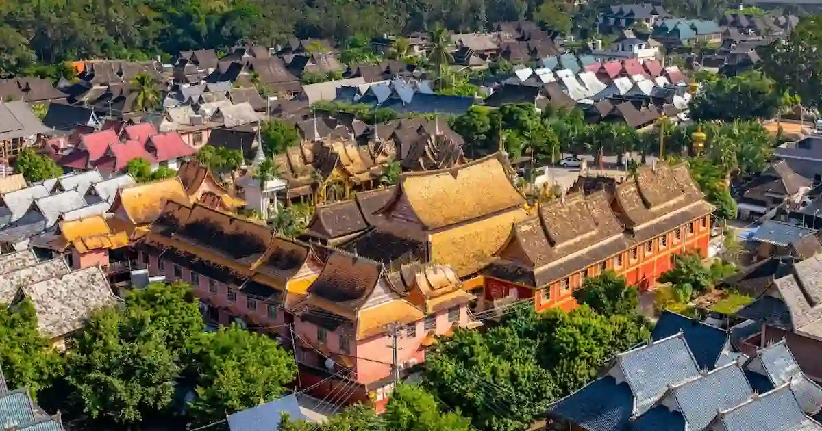 Stunning panoramic view of Dai Zu Yuan (Dai Minority Park) in Xishuangbanna.