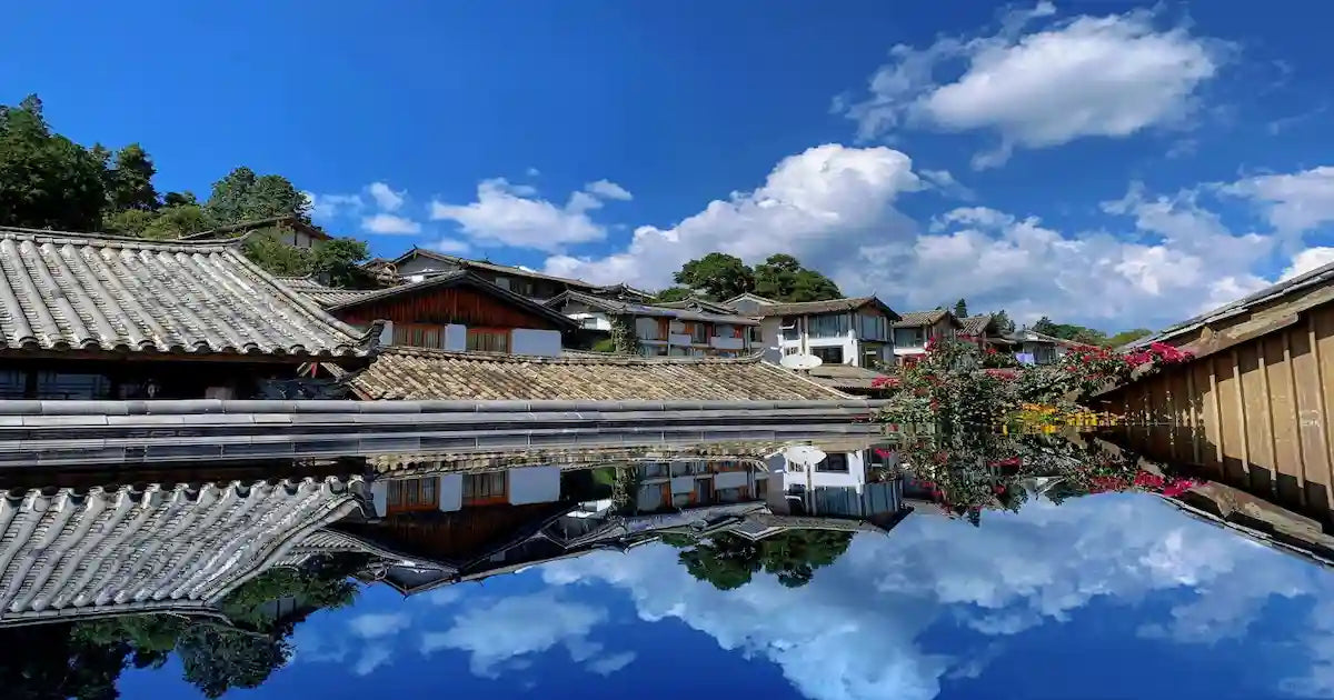 Peaceful morning scene in Lijiang Old Town with crystal clear canals flowing by traditional houses.