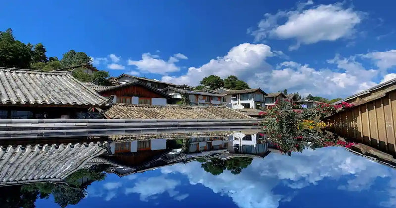 Peaceful morning scene in Lijiang Old Town with crystal clear canals flowing by traditional houses.