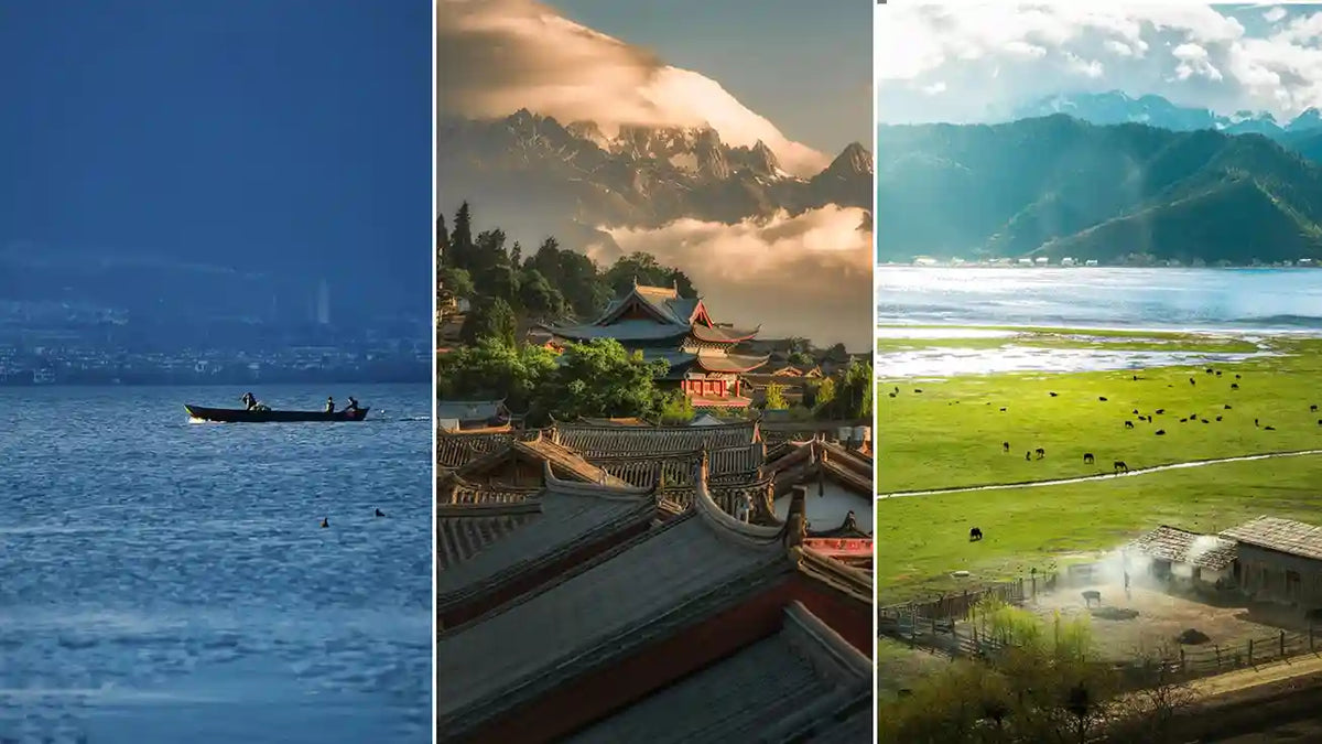 Map-style Yunnan itinerary route showing Kunming, Dali, Lijiang, Shangri-La and Lugu Lake