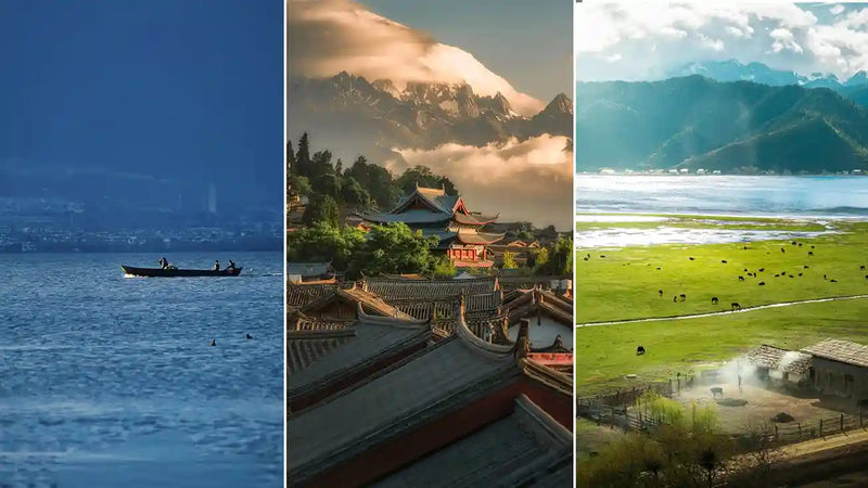 Map-style Yunnan itinerary route showing Kunming, Dali, Lijiang, Shangri-La and Lugu Lake